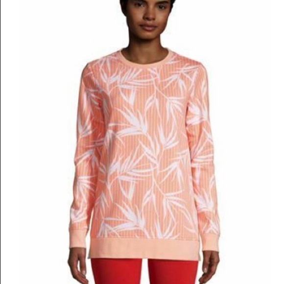 Lands’ End Serious Sweats Tunic Length Peach Palm Print - Picture 1 of 8